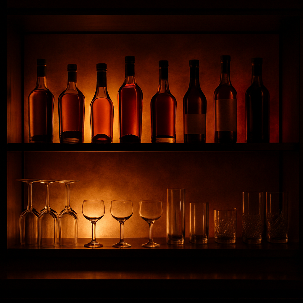 Bar retroiluminado con exhibición de botellas premium y copas reflejando luz ambiente