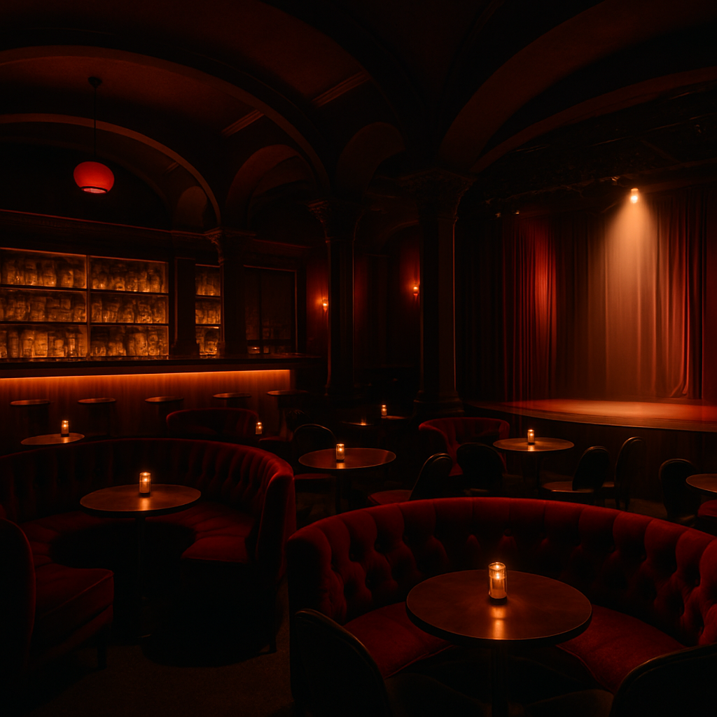Interior del Lips Gentlemen Club con iluminación roja ambiental y decoración premium